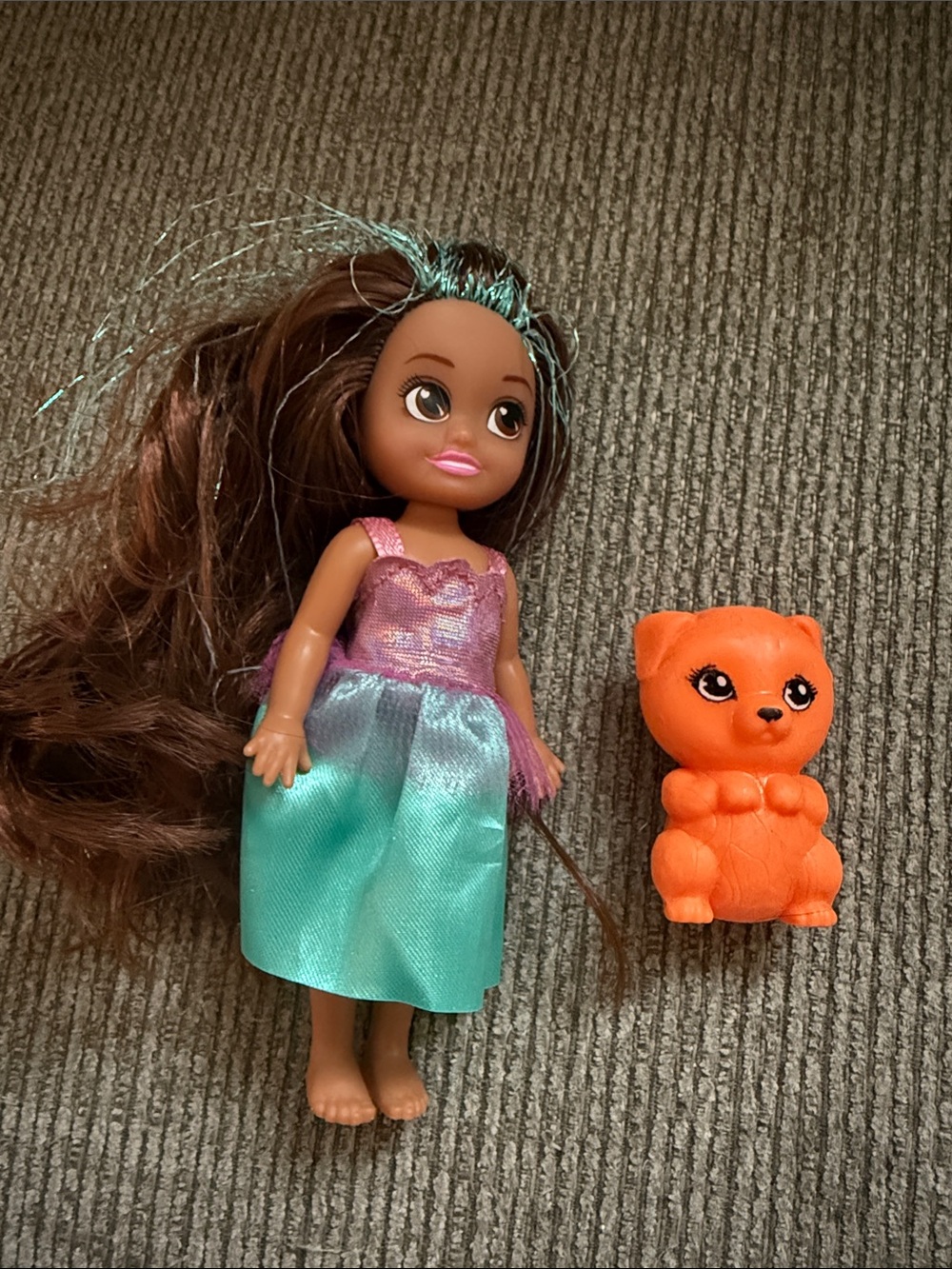 Small Doll with Teal Dress and Orange Squishy Kitty Figure